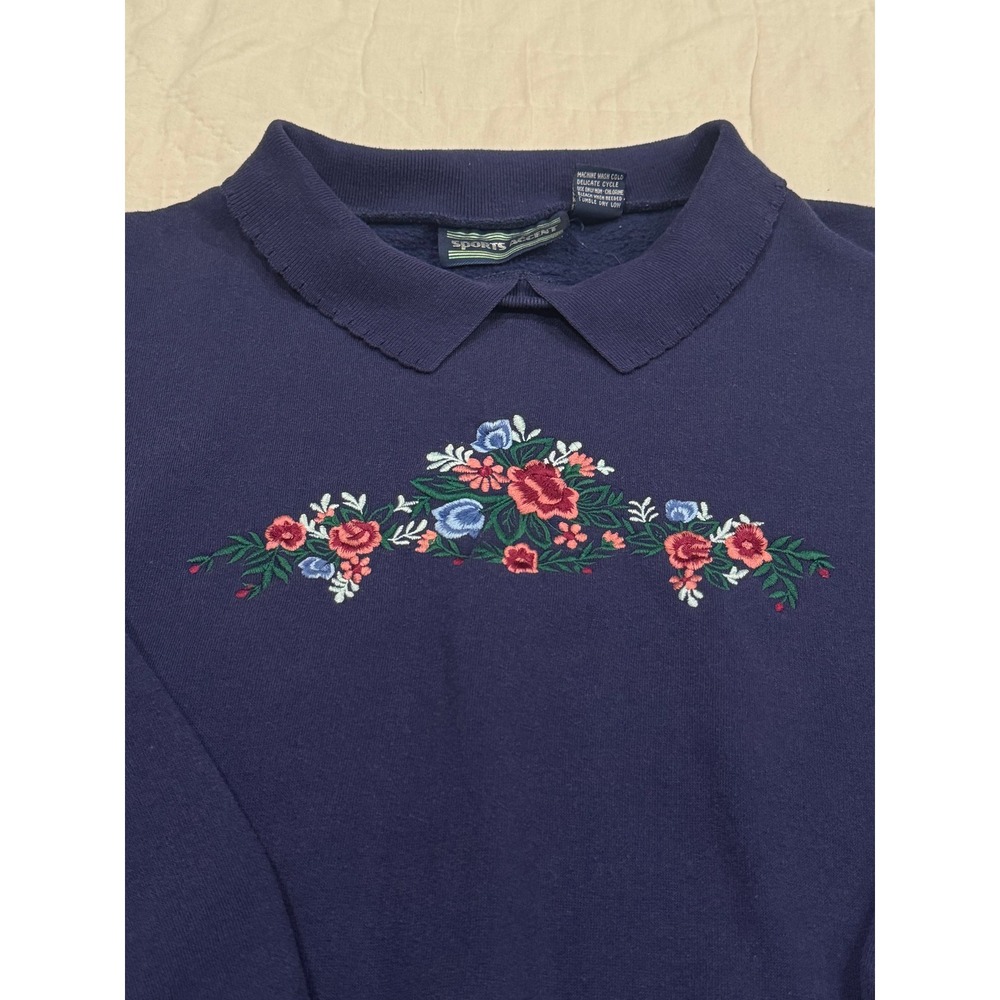 Sports Accent Navy Blue Floral Embroidered Polo Collar Sweatshirt Womens Large - Picture 4 of 5
